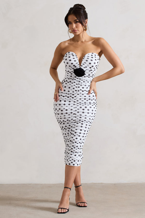 club l Taken White Polka Dot Ruched Mesh Midi Dress With Corsage