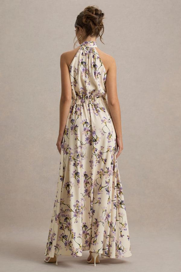 Club L Talia Lemon Floral Print High-Neck Split Maxi Dress With Bow