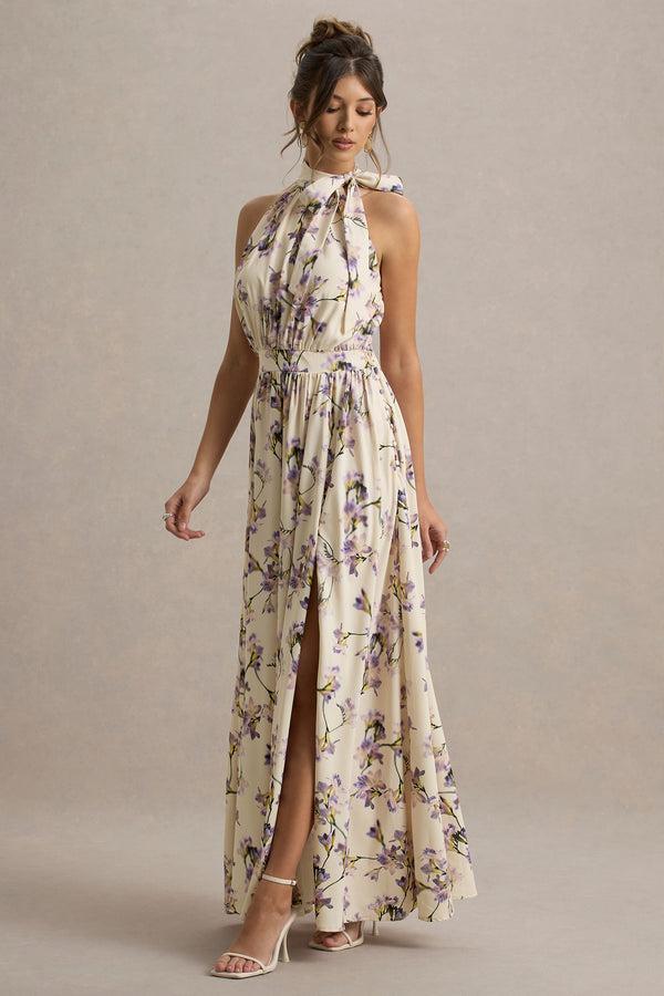 Club L Talia Lemon Floral Print High-Neck Split Maxi Dress With Bow