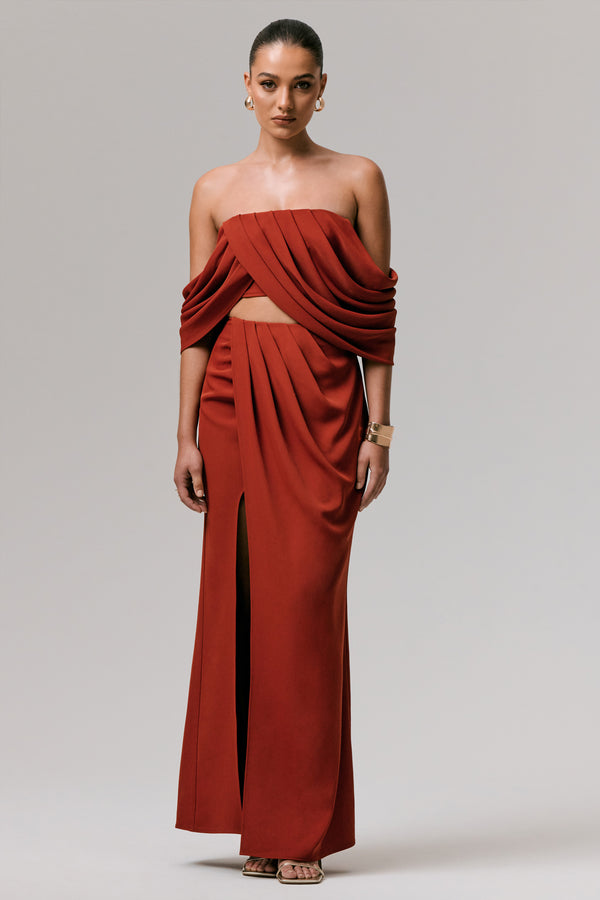 Club L Talika Terracotta Bardot Crop-Top With Draped Sleeves