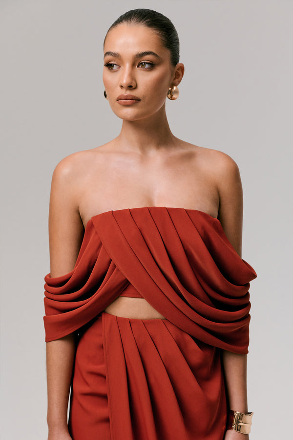 club l Talika Terracotta Bardot Crop-Top With Draped Sleeves