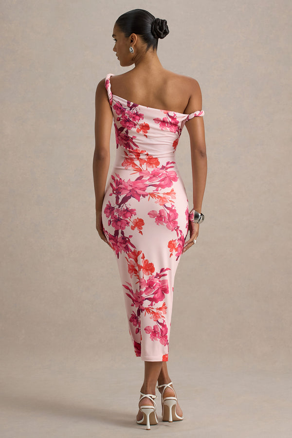 Club L Tatian Pink And Orange Floral Print Twisted Asymmetric Midi Dress