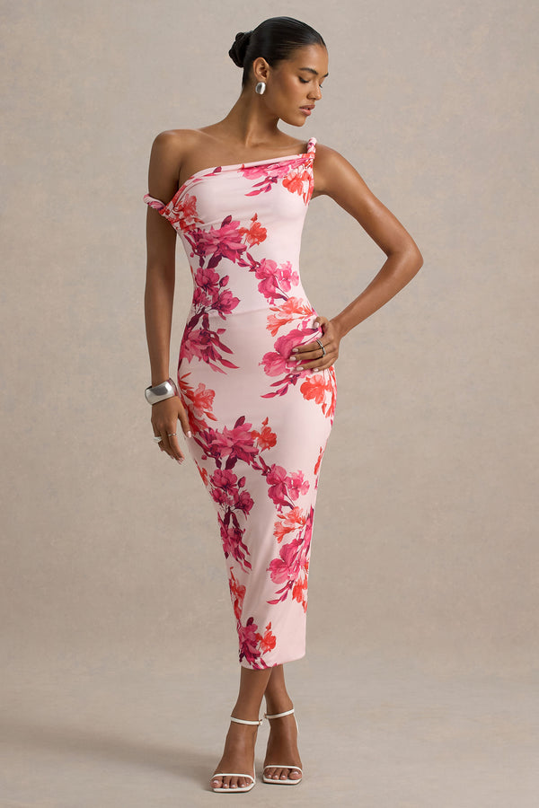 Club L Tatian Pink And Orange Floral Print Twisted Asymmetric Midi Dress