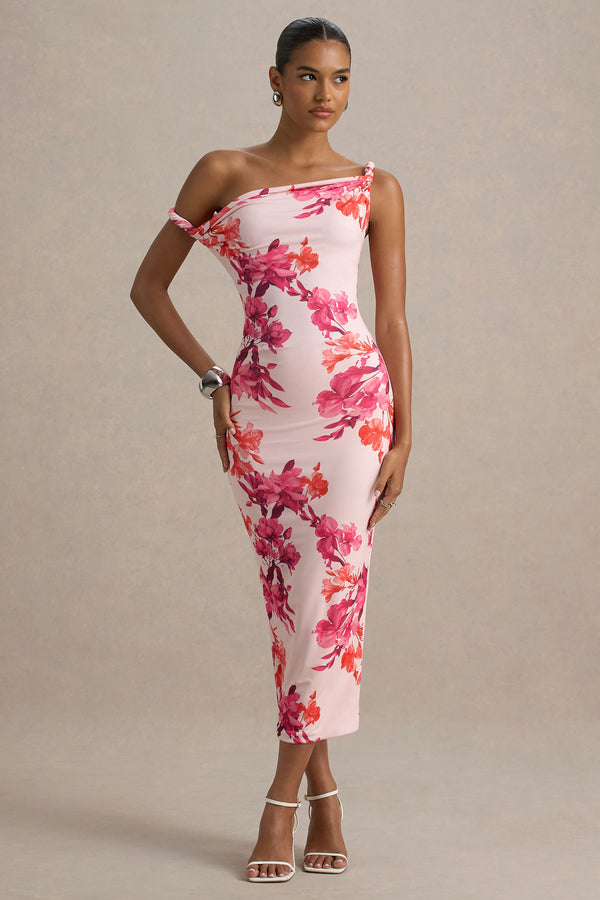 club l Tatian Pink and Orange Floral Print Twisted Asymmetric Midi Dress