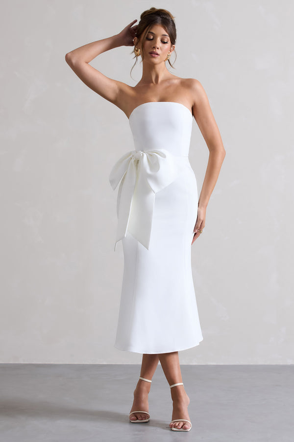 Club L To Me White Bandeau Midi Dress With Oversized Bow