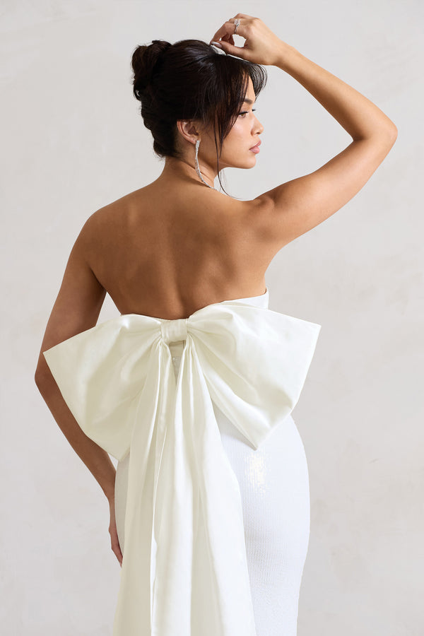 Club L To You White Sequin Bandeau Split Maxi Dress With Oversized Bow