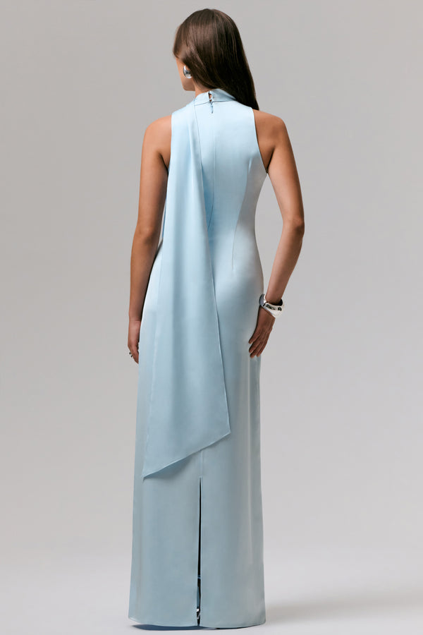 Club L True Icon Powder Blue Satin V-Neck Maxi Slip Dress With Sash