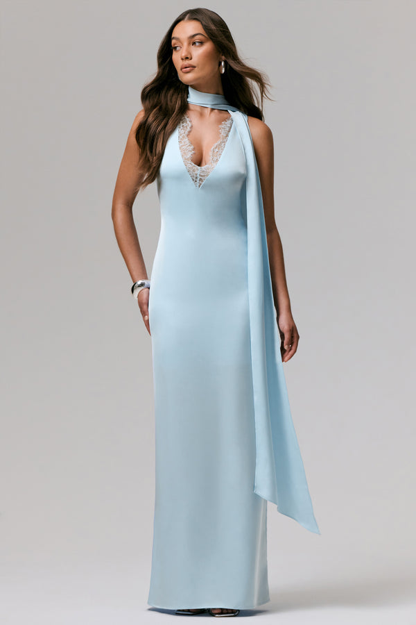 Club L True Icon Powder Blue Satin V-Neck Maxi Slip Dress With Sash
