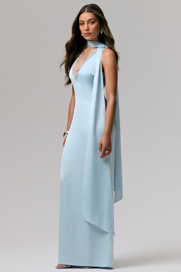 Club L True Icon Powder Blue Satin V-Neck Maxi Slip Dress With Sash