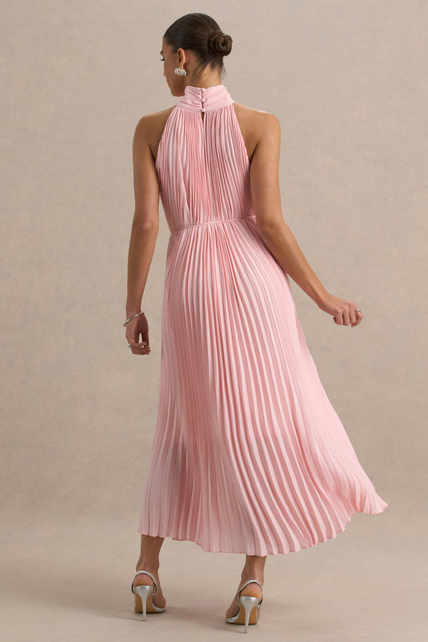 Club L Tulip Blush Pink Pleated High-Neck Midi Dress