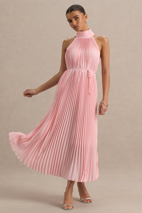 Club L Tulip Blush Pink Pleated High-Neck Midi Dress