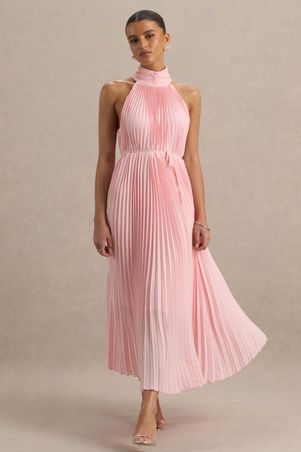 Club L Tulip Blush Pink Pleated High-Neck Midi Dress