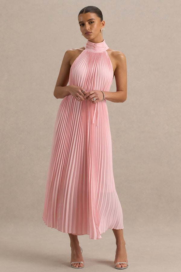 club l Tulip Blush Pink Pleated High-Neck Midi Dress