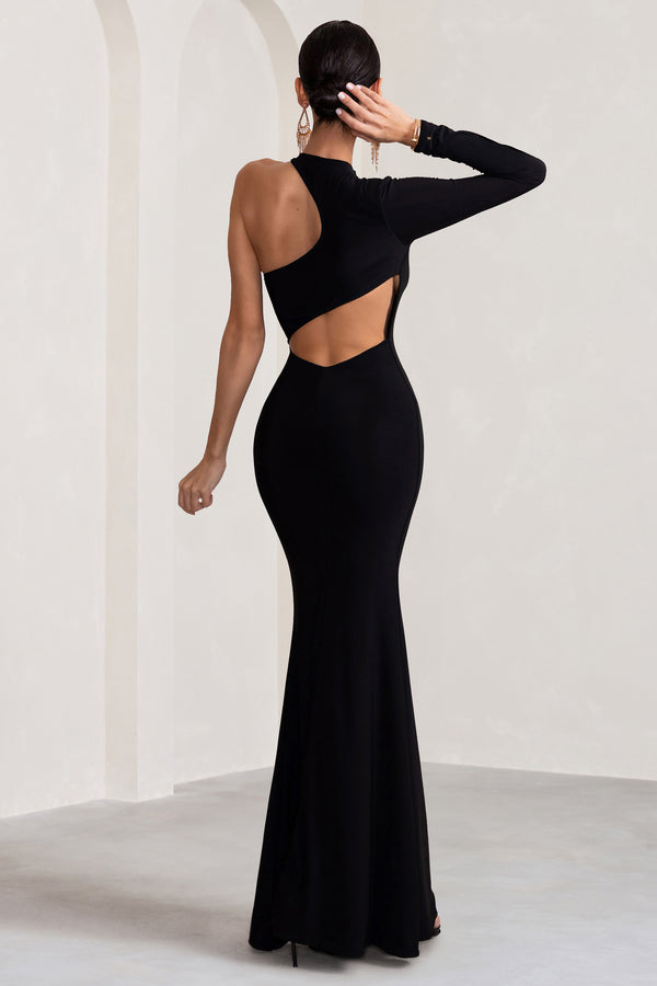 Club L Tyra Black Asymmetric Neck Cut Out Maxi Dress With Open Back Detail