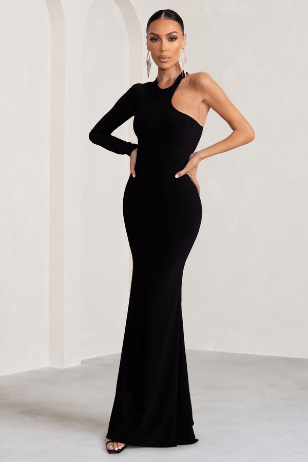 club l Tyra Black Asymmetric Neck Cut Out Maxi Dress With Open Back Detail