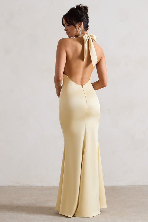 Club L Unbeatable Lemon Satin Cross Over Halter-Neck Maxi Dress
