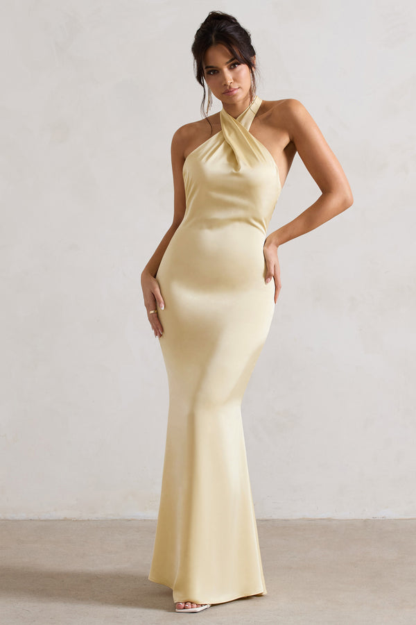 club l Unbeatable Lemon Satin Cross Over Halter-Neck Maxi Dress