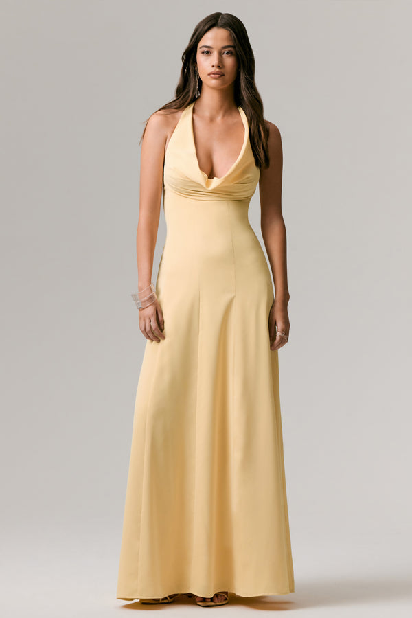 Club L Undeniable Lemon Cowl-Neck Draped Maxi Dress