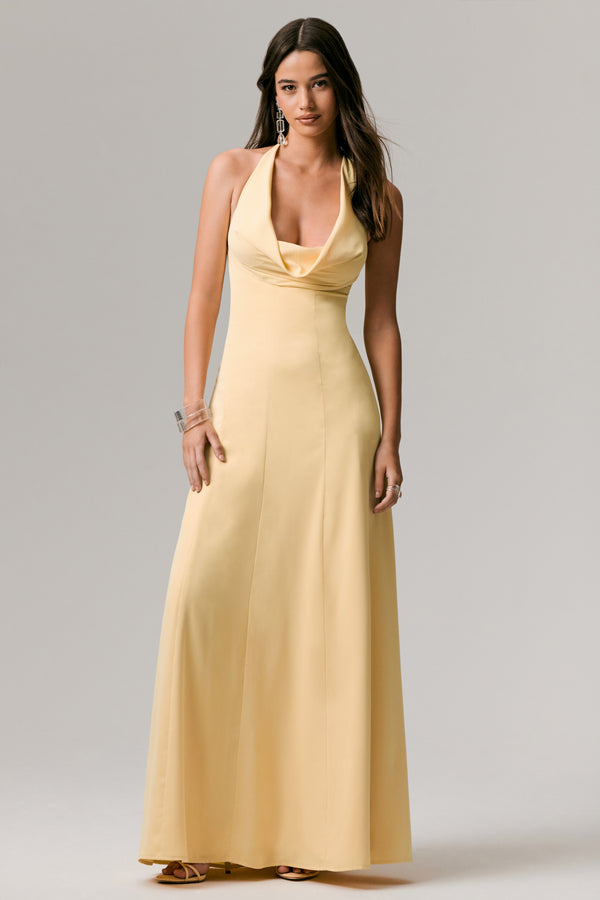 club l Undeniable Lemon Cowl-Neck Draped Maxi Dress