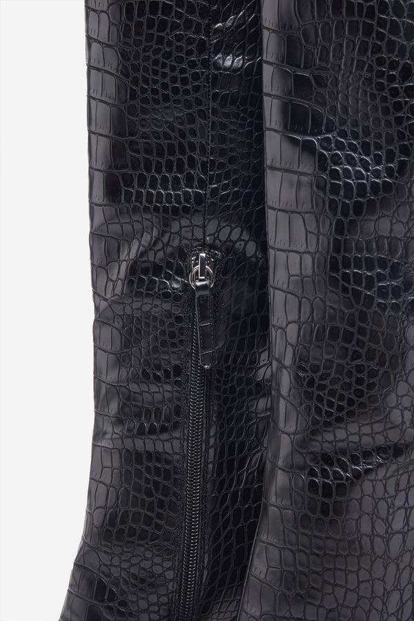 Club L Uptown Black Croc Fitted Over-Knee Pointed Heeled Boots