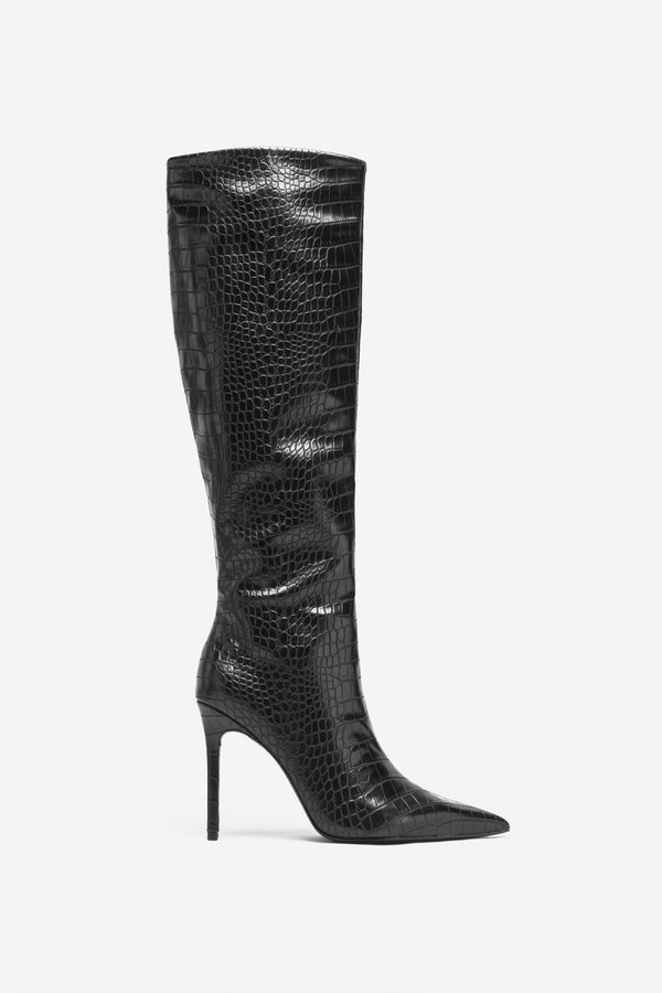 Club L Uptown Black Croc Fitted Over-Knee Pointed Heeled Boots
