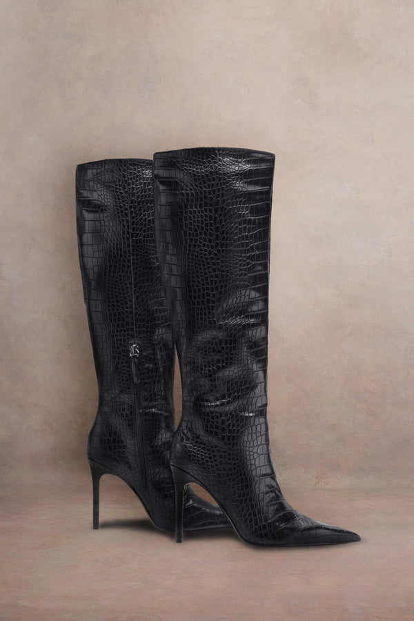 club l Uptown Black Croc Fitted Over-Knee Pointed Heeled Boots