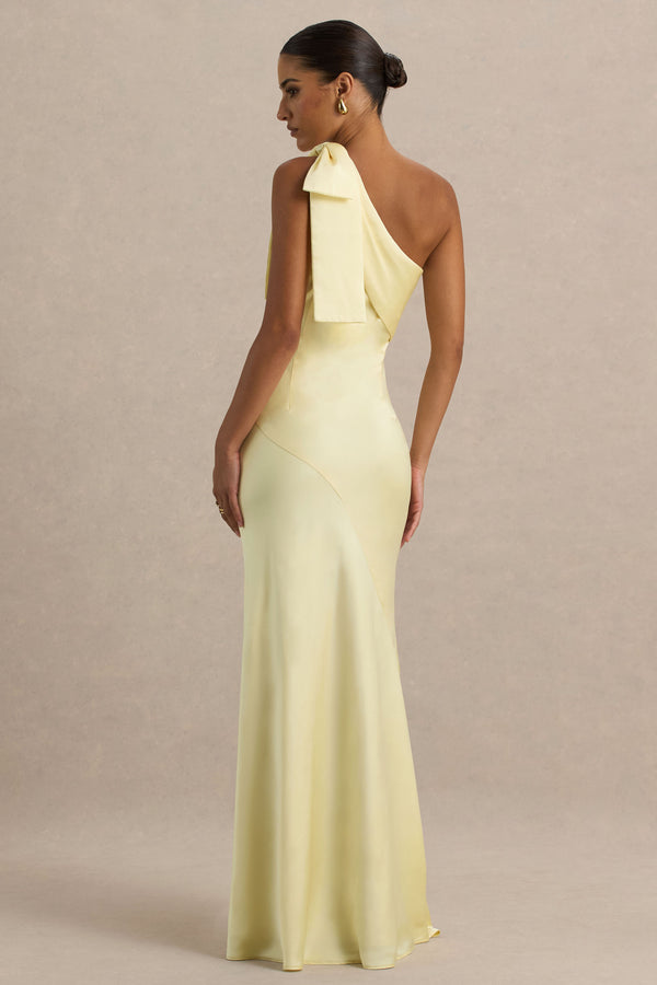 club L Valerie Lemon Satin Asymmetric-Neck Maxi Dress With Bow Detail