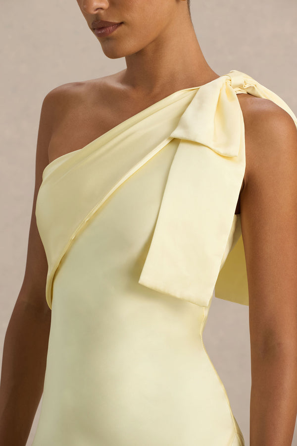 club L Valerie Lemon Satin Asymmetric-Neck Maxi Dress With Bow Detail
