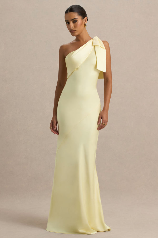 club L Valerie Lemon Satin Asymmetric-Neck Maxi Dress With Bow Detail
