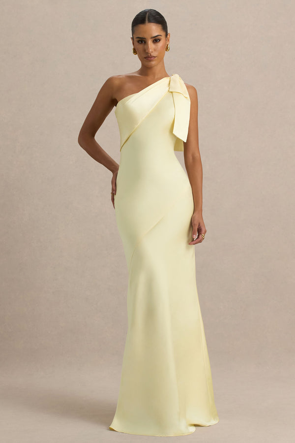 club l Valerie Lemon Satin Asymmetric-Neck Maxi Dress With Bow Detail