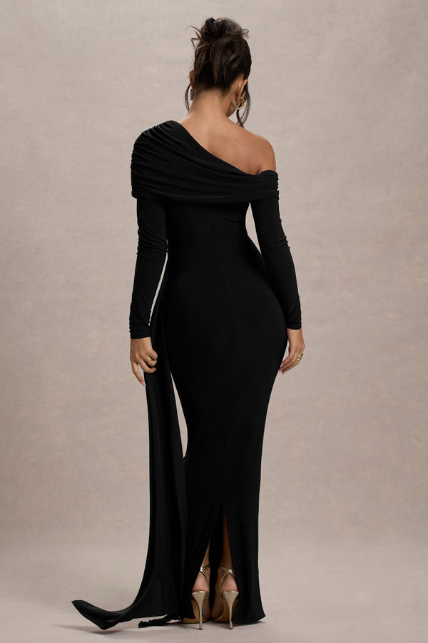 Club L Valina Black Ruched Asymmetric Maxi Dress With Drape