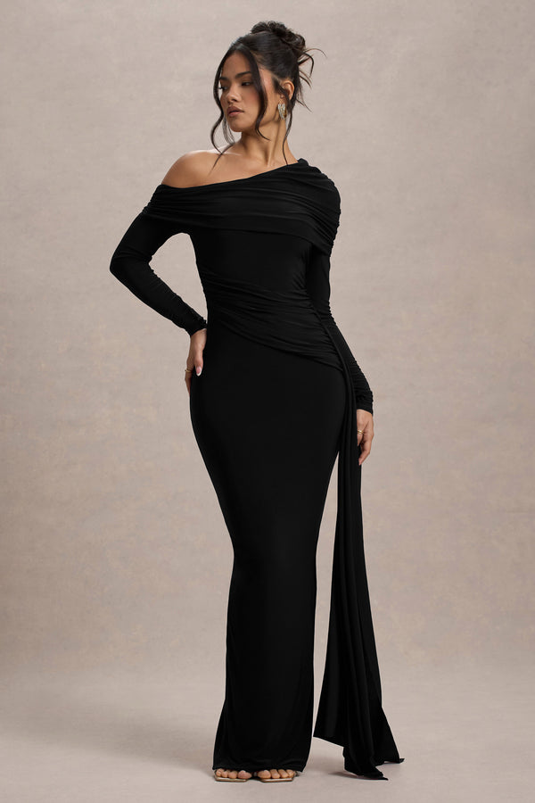 Club L Valina Black Ruched Asymmetric Maxi Dress With Drape