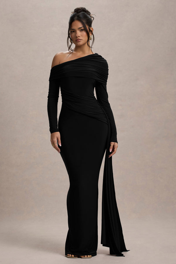 club l Valina Black Ruched Asymmetric Maxi Dress With Drape