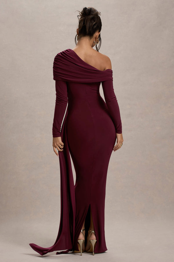 Club L Valina Burgundy Ruched Asymmetric Maxi Dress With Drape