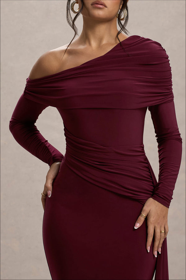 Club L Valina Burgundy Ruched Asymmetric Maxi Dress With Drape