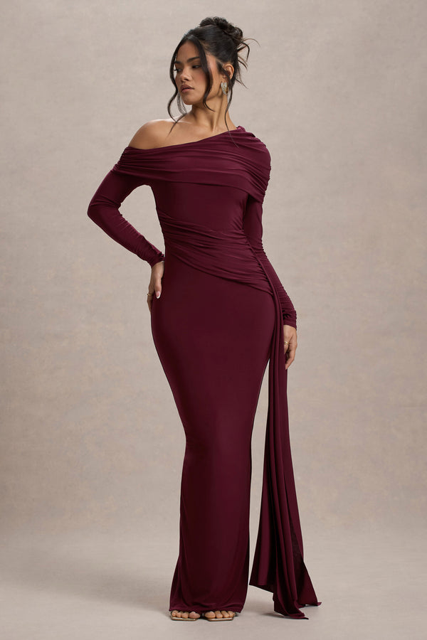 Club L Valina Burgundy Ruched Asymmetric Maxi Dress With Drape