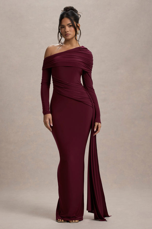 club l Valina Burgundy Ruched Asymmetric Maxi Dress With Drape