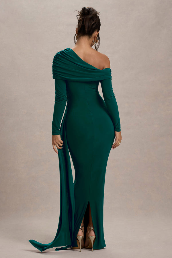 Club L Valina Green Ruched Asymmetric Maxi Dress With Drape