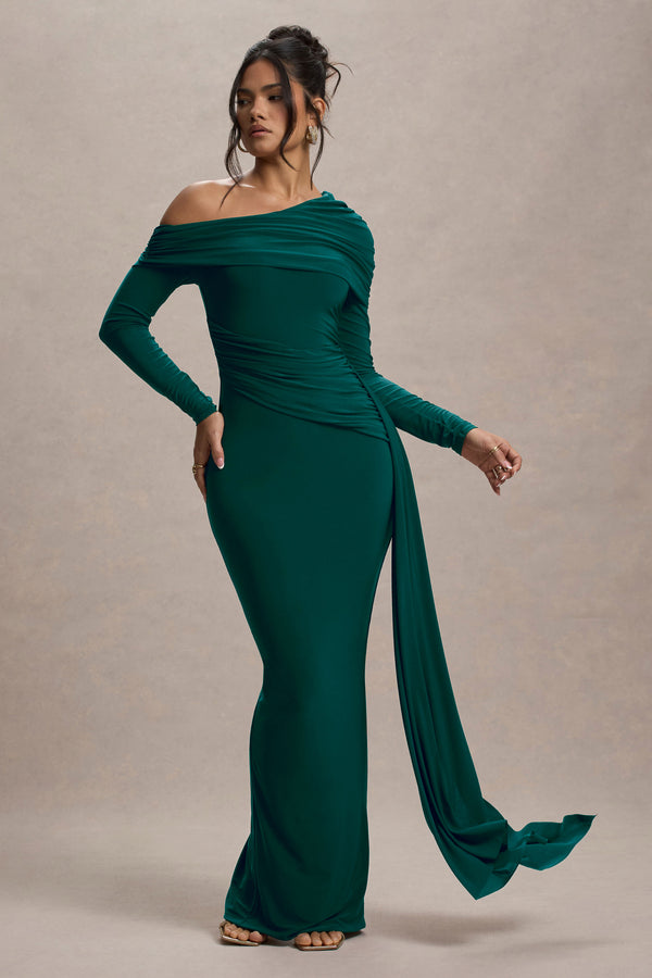 Club L Valina Green Ruched Asymmetric Maxi Dress With Drape