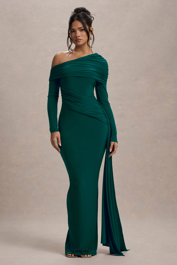 club l Valina Green Ruched Asymmetric Maxi Dress With Drape