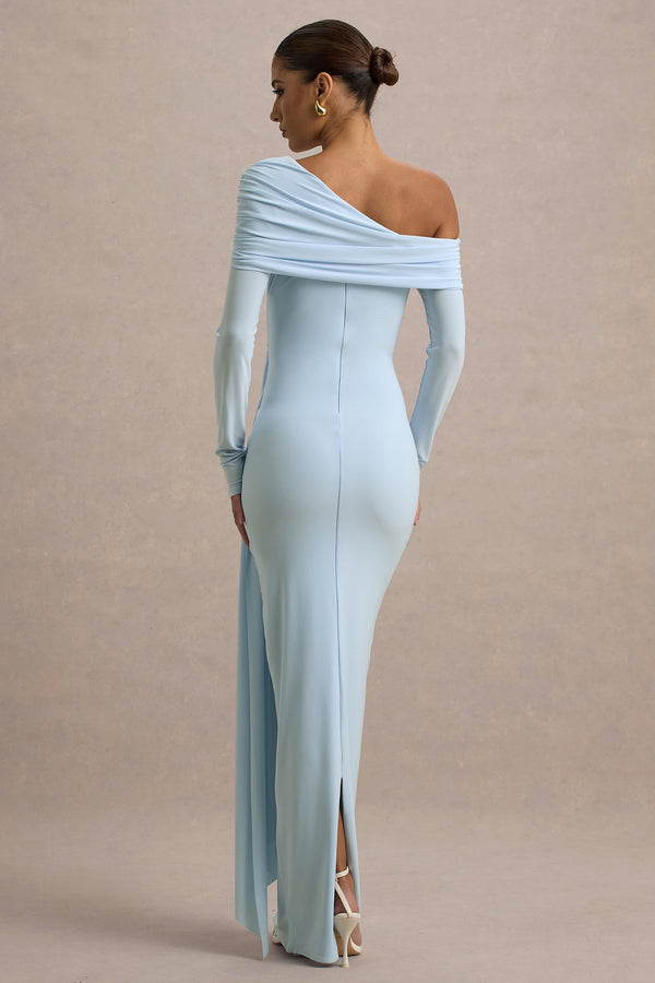 Club L Valina Powder Blue Ruched Asymmetric Maxi Dress With Drape