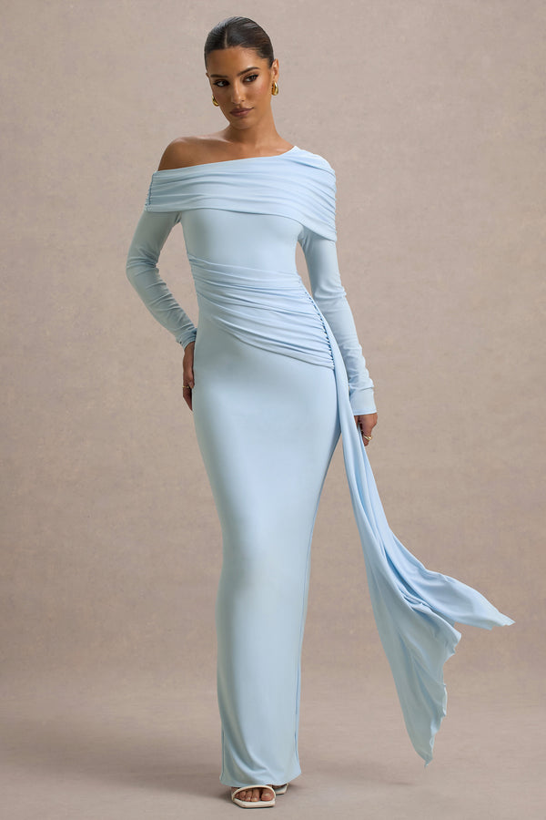 Club L Valina Powder Blue Ruched Asymmetric Maxi Dress With Drape