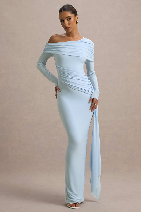 club l Valina Powder Blue Ruched Asymmetric Maxi Dress With Drape