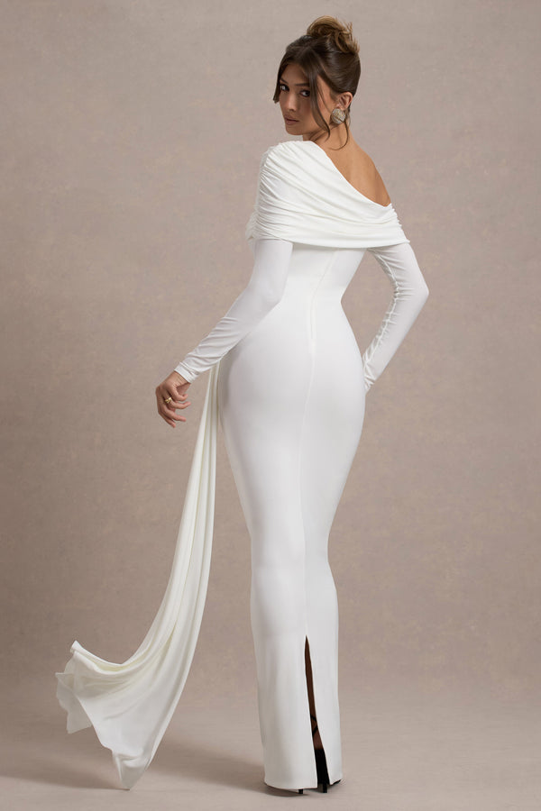 Club L Valina White Ruched Asymmetric Maxi Dress With Drape