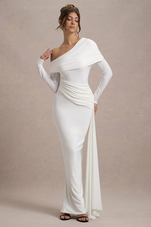 Club L Valina White Ruched Asymmetric Maxi Dress With Drape