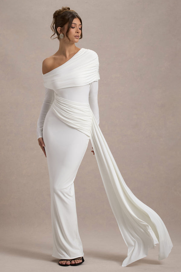 club l Valina White Ruched Asymmetric Maxi Dress With Drape