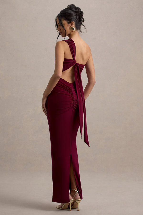 Club L Venetia Burgundy One-Shoulder Tie-Back Maxi Dress