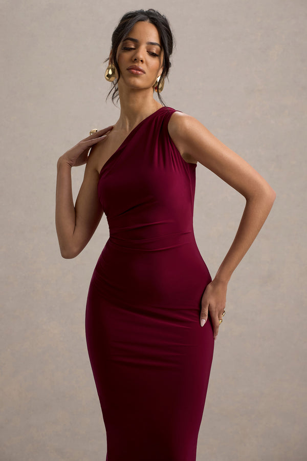 Club L Venetia Burgundy One-Shoulder Tie-Back Maxi Dress