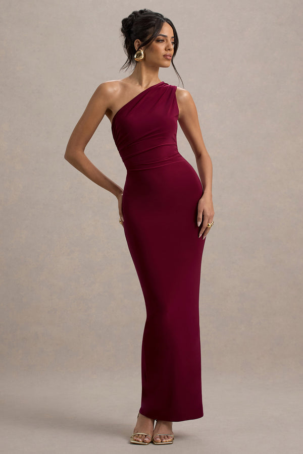 club l Venetia Burgundy One-Shoulder Tie-Back Maxi Dress
