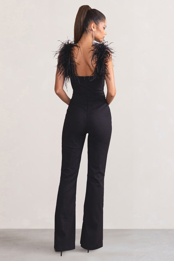 Club L Verity Black Feather Shoulder Corset Style Jumpsuit